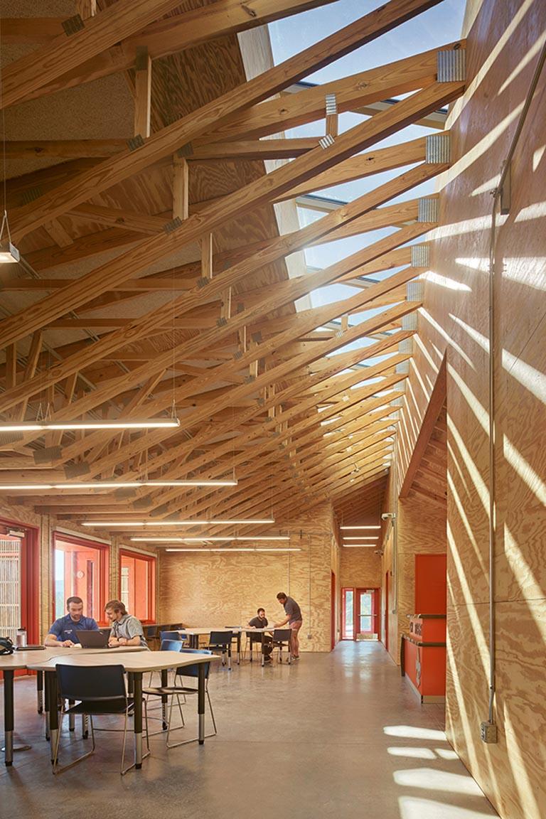 Basecamp Delta interior wood trusses